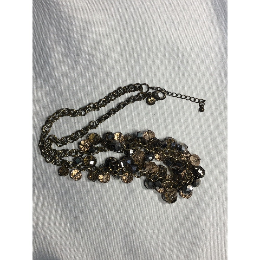 Signed LOFT Smoky Iridescent Necklace 18" Beaded Brass Silver Chain Faceted - Picture 6 of 15